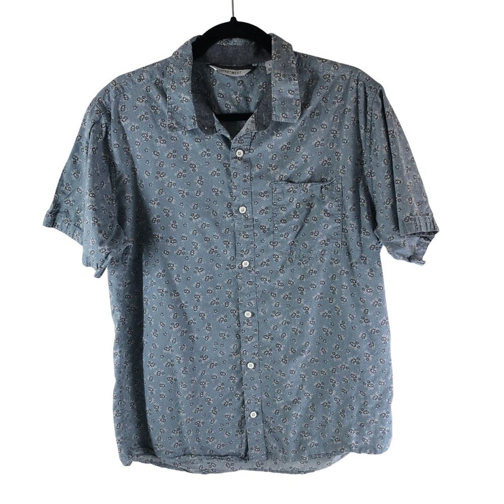 Depart West Mens Button Down Shirt Floral Print Cotton Chest Pocket Blue L